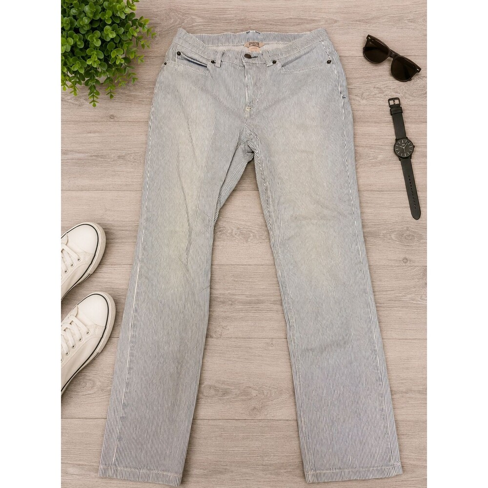 Duluth Trading Co Womens Striped Straight Leg Jeans 6x31 Blue White Stretch